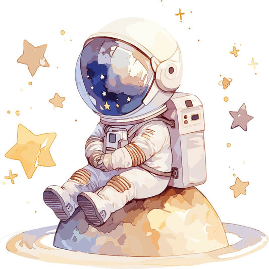 astronaut, space, celestial, stars, galaxy, whimsical, adventure, cream, beige, tan, navy blue, purple, mauve, gold, yellow, cosmic, planet, moon, children's, kids, nursery, baby, dreamy, illustration, character, playful, modern, wall hanging, bedding, apparel