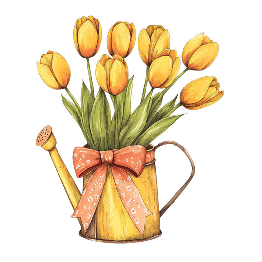 golden yellow, orange, coral orange, sage green, yellow-green, watering can, tulips, floral, spring, nature, garden, botanical, vintage, whimsical, rustic, cottage core, farmhouse, cheerful, bright, sunny, bow ribbon, decorative, traditional, country, easter, spring flowers, yellow tulips, orange tulips, folk art, charming