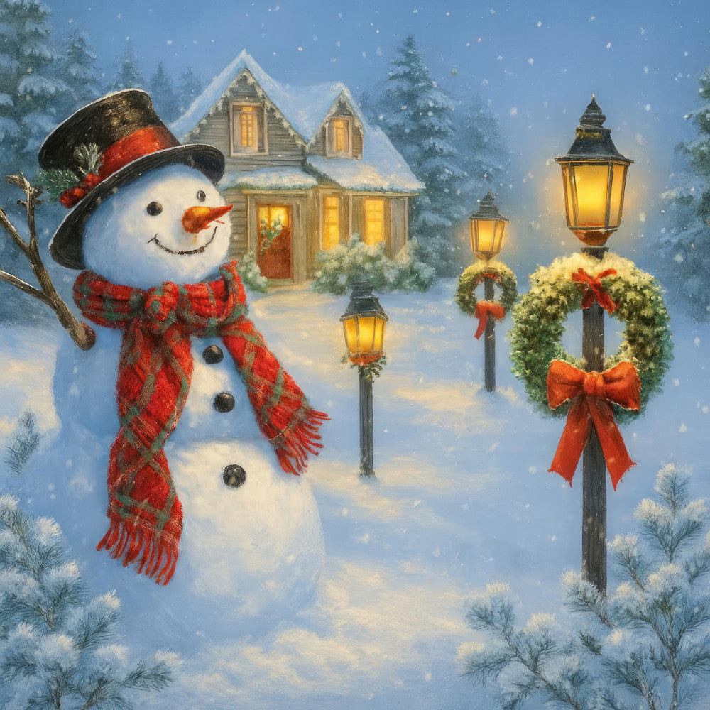winter scene, snowman, holiday, christmas, snow, red plaid scarf, top hat, lanterns, wreath, red bow, evergreen trees, snowy landscape, festive, traditional, whimsical, winter, seasonal, cream white, red, gold, forest green, blue sky, cozy cottage, rustic, vintage, holiday decor, winter wonderland, decorative panel, home decor