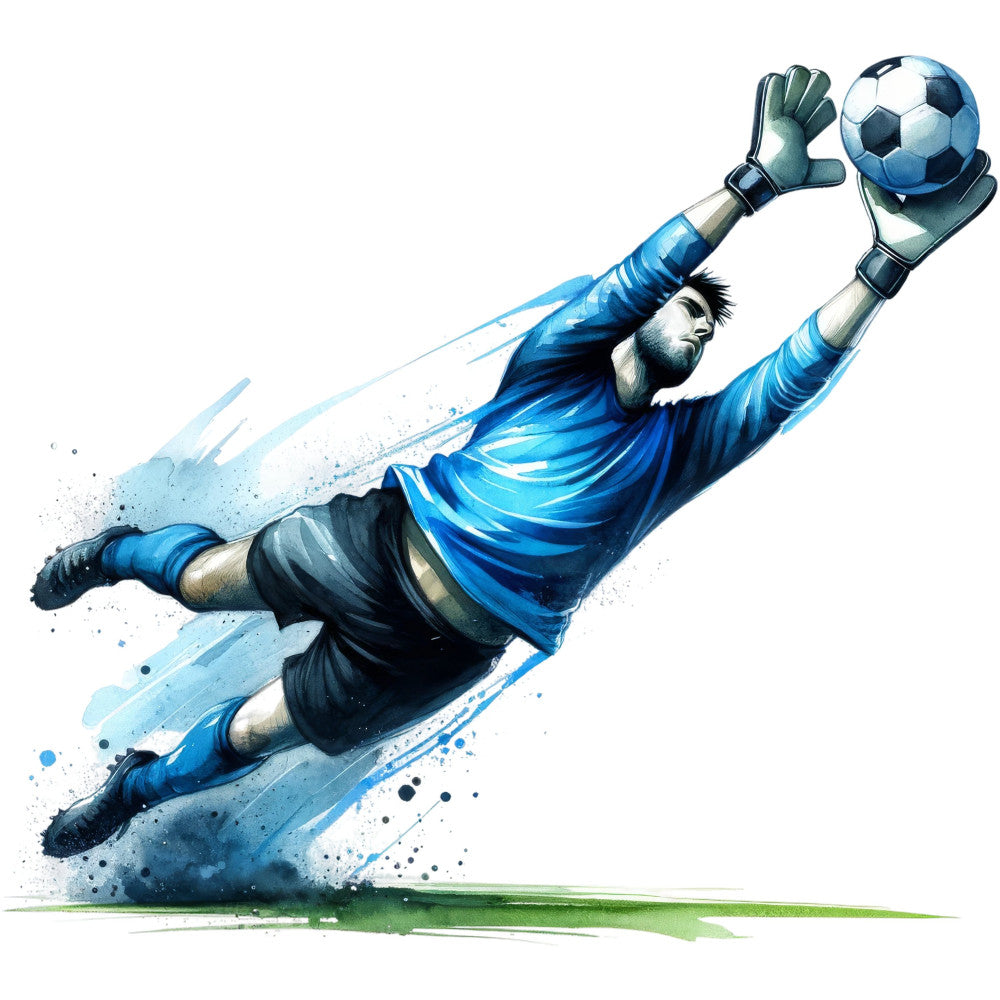 soccer, goalkeeper, sports, action, dynamic, blue, navy blue, sky blue, white, black, athletic, male figure, ball, goalkeeper gloves, diving, motion, modern, energetic, sporty, youth, children, boys, team sports, football, illustration, watercolor style, splatter effect, abstract background, masculine