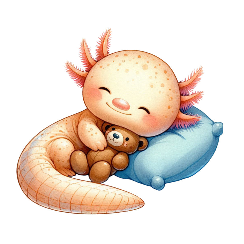 coral pink, peach, blue, cream, orange, axolotl, salamander, teddy bear, pillow, sleeping, cute cartoon, kawaii style, baby animal, gills, spotted pattern, peaceful, cozy, fabric panel, quilting cotton, nursery theme, aquatic creature