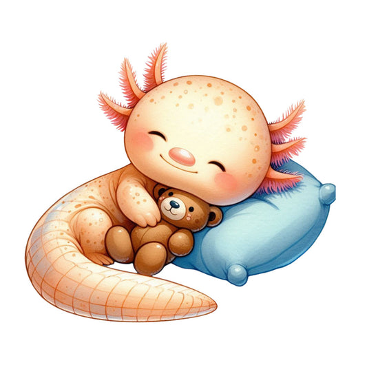 coral pink, peach, blue, cream, orange, axolotl, salamander, teddy bear, pillow, sleeping, cute cartoon, kawaii style, baby animal, gills, spotted pattern, peaceful, cozy, fabric panel, quilting cotton, nursery theme, aquatic creature