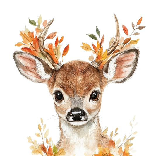 autumn deer, fall foliage, woodland animals, deer face, autumn leaves, orange, rust, golden yellow, cream, brown, sage green, watercolor style, whimsical, nature themed, forest animals, seasonal decor, autumn colors, fall aesthetic, baby quilt, nursery decor, children's fabric, rustic farmhouse, boho style, leaf motifs, woodland creatures, fall harvest, decorative panel, wall art, gentle animals, soft watercolor