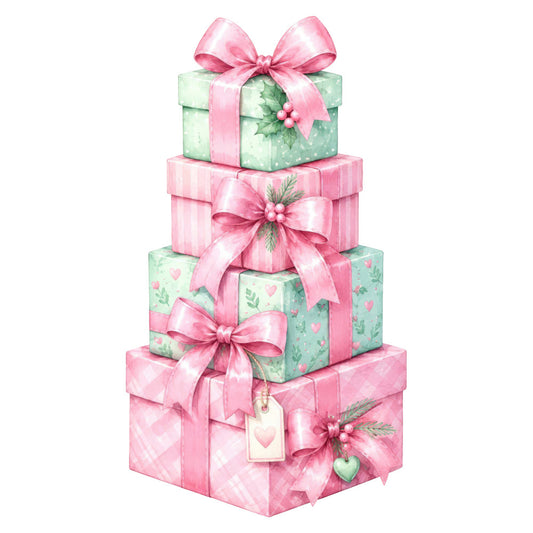 rose pink, sage green, mint green, pastel pink, soft green, floral, striped, plaid, gingham, gift boxes, presents, bows, ribbons, hearts, holly berries, leaves, holiday, christmas, whimsical, elegant, vintage, feminine, romantic, spring, gift wrapping, celebration, decorative, nature-inspired, layered design
