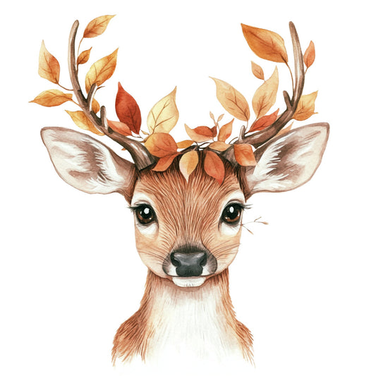 autumn deer, fall foliage, woodland animal, deer head, antler, orange leaves, golden brown, cream white, rust orange, burnt orange, tan, nature themed, forest animal, whimsical animal, autumn colors, fall decoration, boho style, rustic woodland, nature illustration, artistic animal portrait, seasonal decor, fall themed, botanical elements, watercolor style, gentle animal, forest creature, autumn aesthetic, cozy fall, nature lover, wall hanging