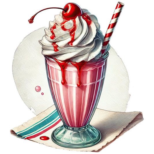 cherry red, cream, ivory, whipped cream, mauve, teal, striped, retro, vintage, milkshake, ice cream sundae, dessert, food, whimsical, elegant, nostalgic, 1950s, diner, maraschino cherry, whipped topping, cherry, candy stripe, soda straw, sweet treats, dessert theme, retro diner, classic americana, pastel background
