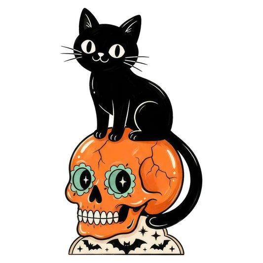 black cat, orange skull, halloween, spooky, witchy, gothic, turquoise eyes, skeleton, autumn, fall, day of the dead, dia de muertos, black and orange, cream, celestial stars, whimsical, vintage, retro, festive, seasonal, haunted, supernatural, creepy cute, holiday, decorative, mystical, bat motif, floral skull design