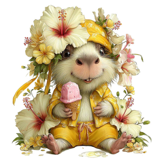 cream, pale yellow, soft yellow, golden yellow, dusty rose, blush pink, sage green, whimsical, cute animals, guinea pig, floral, hibiscus, spring, summer, charming, children's, adorable, cheerful, folk art, cottage core, pastoral, nature, ice cream, sweet treats, playful, illustration style, storybook, animal characters, buttercream