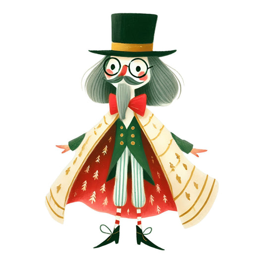forest green, cream, red, gold, whimsical, vintage, holiday, christmas, leprechaun, character, folk art, festive, seasonal, winter, hat, bow tie, striped, trees, nature, traditional, playful, illustration, decorative, wallhanging, children's, themed panel, retro, cheerful, quirky