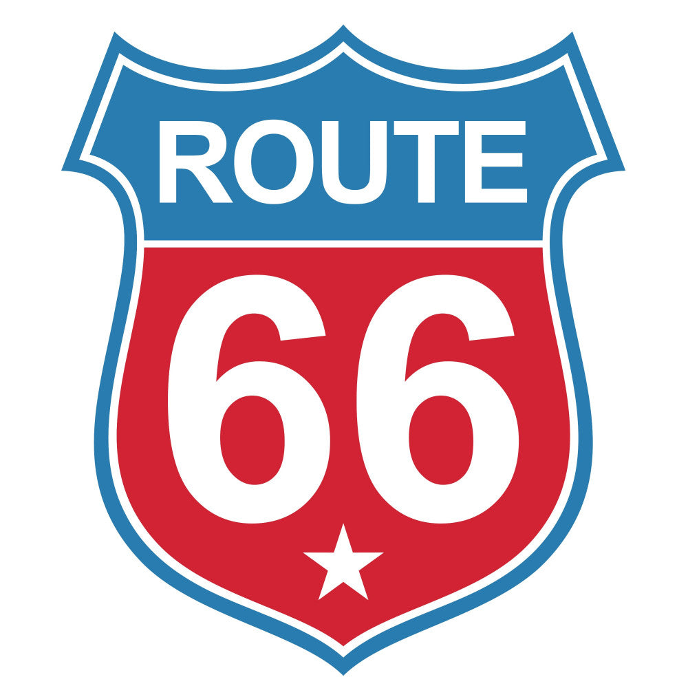route 66, americana, vintage, retro, nostalgic, highway, travel, red, blue, white, patriotic, stars, shield, classic, mid-century, iconic, roadway, license plate style, geometric, bold, americana theme, road trip, decorative panel, home decor, wall hanging, americana quilting, vintage americana, transport theme, collectible