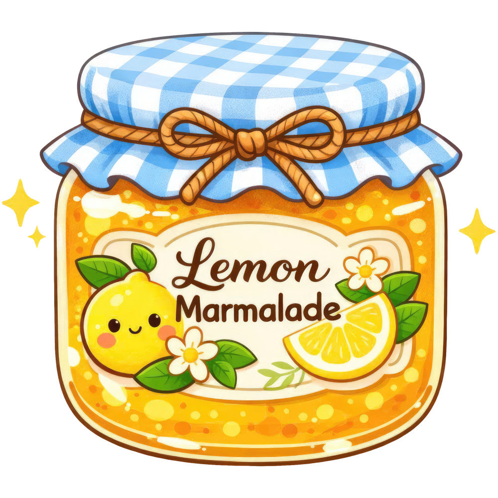 lemon marmalade, sky blue, white, golden yellow, orange, gingham check, plaid, whimsical, cute, kawaii, food themed, fruit, lemon, citrus, flowers, daisies, leaves, smiling lemon character, country style, farmhouse, cottage core, summer, spring, vintage inspired, cheerful, bright, sweet, jam jar, pantry print, kitchen themed