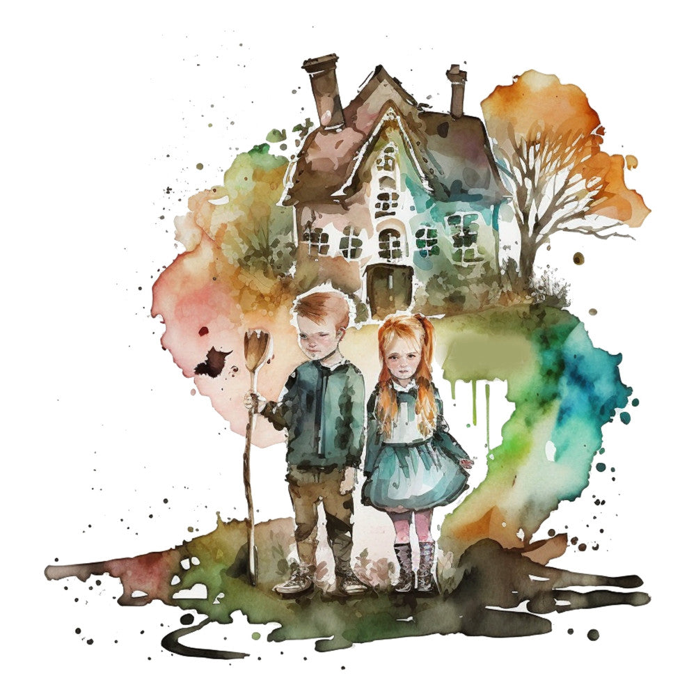 watercolor, children, boy and girl, cottage, whimsical, storybook, autumn, fall, nature, trees, house, vintage, rustic, earth tones, brown, green, cream, orange, ochre, teal, blush pink, splatter, artistic, dreamy, fairy tale, countryside, seasonal, nostalgic, illustration style, soft colors