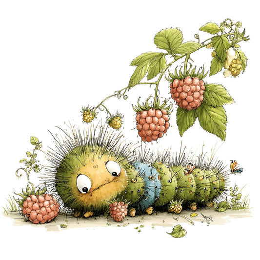 whimsical, cute animals, hedgehog, caterpillar, raspberries, berries, garden, nature, spring, summer, soft green, sage green, yellow, coral pink, cream, botanical, illustrative, children's, playful, charming, storybook, woodland, insects, butterfly, leaves, natural, folk art, gentle, sweet, nursery