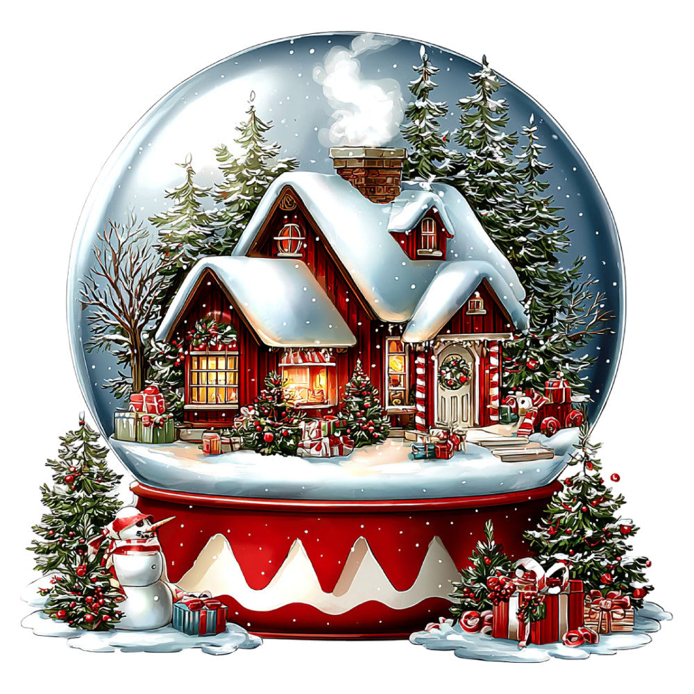 snow globe, christmas, holiday, winter, red house, cabin, festive, snow-covered, evergreen trees, pine trees, gift boxes, presents, decorative, whimsical, traditional, nostalgic, vintage, cozy, warm, cream white, deep red, forest green, gold accents, snowy landscape, chimney, wreath, candy canes, snowman, winter scene, christmas village