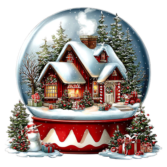 snow globe, christmas, holiday, winter, red house, cabin, festive, snow-covered, evergreen trees, pine trees, gift boxes, presents, decorative, whimsical, traditional, nostalgic, vintage, cozy, warm, cream white, deep red, forest green, gold accents, snowy landscape, chimney, wreath, candy canes, snowman, winter scene, christmas village