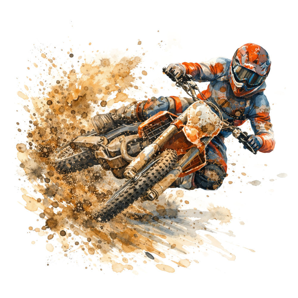 motocross, dirt bike, action sports, orange, burnt orange, navy blue, tan, beige, brown, watercolor, splatter, abstract, grunge, dynamic, energetic, sports, extreme sports, masculine, modern, adventurous, racing, off-road, dusty, textured, boy's quilt, sports quilt, youth quilt, wall art