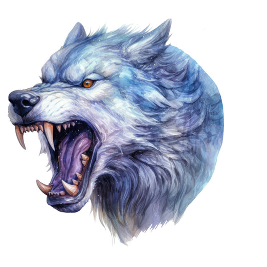 periwinkle blue, icy blue, white, purple, amber eyes, wolf, fantasy creature, mythical beast, animal head, fierce expression, aggressive, snarling, teeth, fangs, winter theme, cool tones, magical, whimsical, dramatic, bold, statement fabric, art print, realistic illustration, detailed portrait, supernatural, ice blue, pale lavender, winter wildlife, fantasy art, creature design