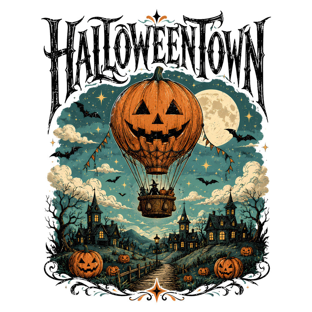 halloween, pumpkin, jack-o-lantern, haunted house, full moon, night sky, autumn, fall, gothic, spooky, scary, dark teal, cream, orange, black, vintage, whimsical, celestial, stars, bats, hot air balloon, creepy, festive, holiday, trick-or-treat, moonlit, magical, eerie, traditional, decorative border