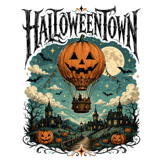 halloween, pumpkin, jack-o-lantern, haunted house, full moon, night sky, autumn, fall, gothic, spooky, scary, dark teal, cream, orange, black, vintage, whimsical, celestial, stars, bats, hot air balloon, creepy, festive, holiday, trick-or-treat, moonlit, magical, eerie, traditional, decorative border