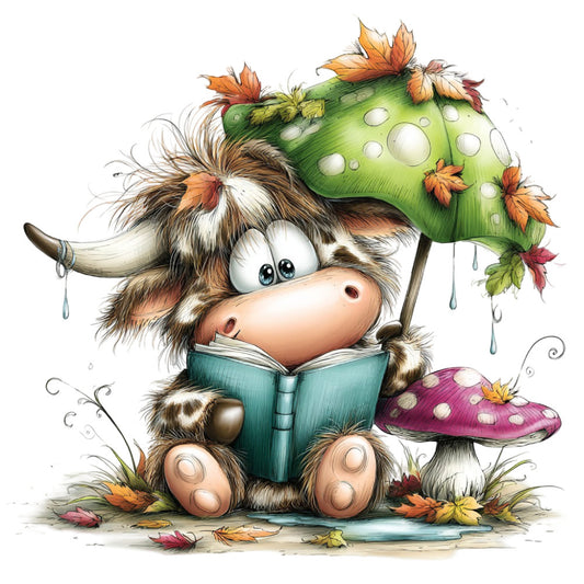 whimsical, cute animal, woodland creature, autumn, fall leaves, nature, children's, storybook, illustrated, brown and white, forest green, sage green, teal blue, magenta, mushroom, toadstool, open book, reading, educational, fantasy, magical, colorful, charming, playful, kid-friendly, seasonal, nature-inspired, artistic illustration, child's quilt