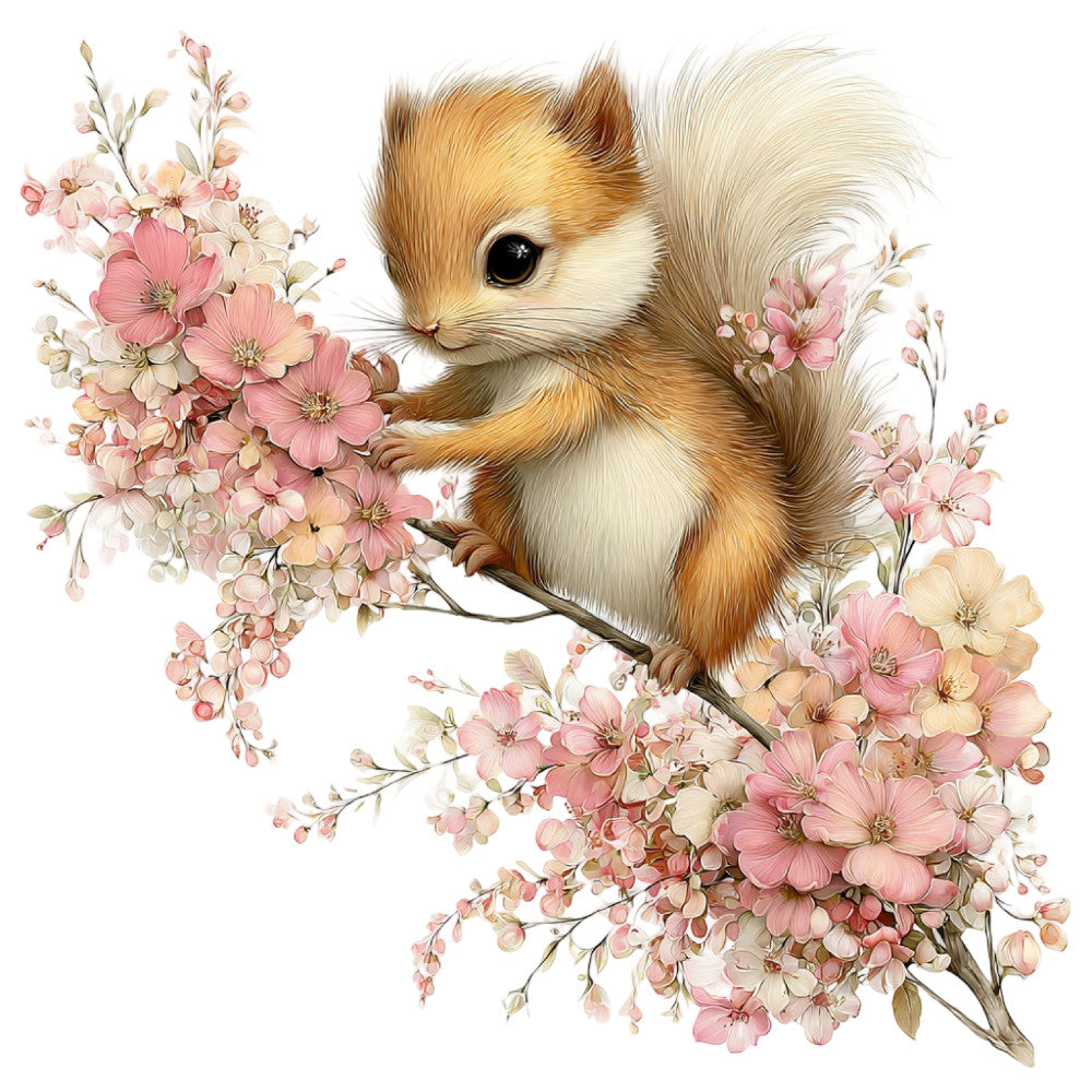 squirrel, woodland animals, forest creatures, pink flowers, cream flowers, blush pink, dusty rose, tan, brown, ivory, floral, nature, whimsical, sweet, delicate, vintage, botanical, spring, summer, gentle, soft, romantic, garden, cute animals, woodland theme, animal lover, nature lover, panel design, decorative, traditional