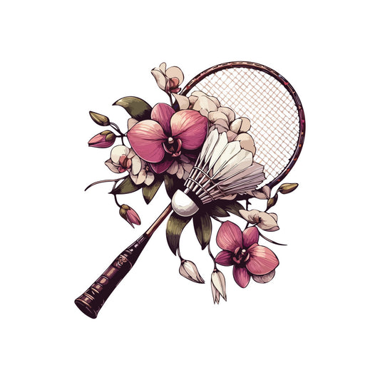 badminton, sports, orchids, pink orchids, mauve, cream, olive green, dark brown, floral, botanical, nature, whimsical, elegant, vintage, badminton racket, shuttlecock, athletic, recreational sports, spring, summer, romantic, sophisticated, garden flowers, blossoms, buds, leaves, feminine, artistic, decorative panel, home decor