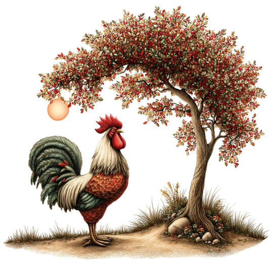 rooster, autumn leaves, fall foliage, harvest theme, farmhouse style, rustic, whimsical, countryside, barn animals, rust red, cream, forest green, burnt orange, tan, gold, nature-inspired, woodland, traditional, vintage, pastoral, orchard, fruit tree, seasonal, autumn colors, folk art, country living, decorative panel, wall art, home decor