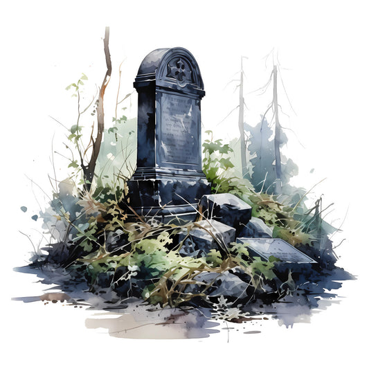 dark blue, navy, slate gray, sage green, muted green, cemetery, gravestone, memorial, gothic, vintage, rustic, moody, atmospheric, nature, overgrown, abandoned, spooky, dark academia, autumn, fall, tombstone, weathered stone, ivy, vines, dead branches, haunting, atmospheric landscape, artistic, watercolor style, somber