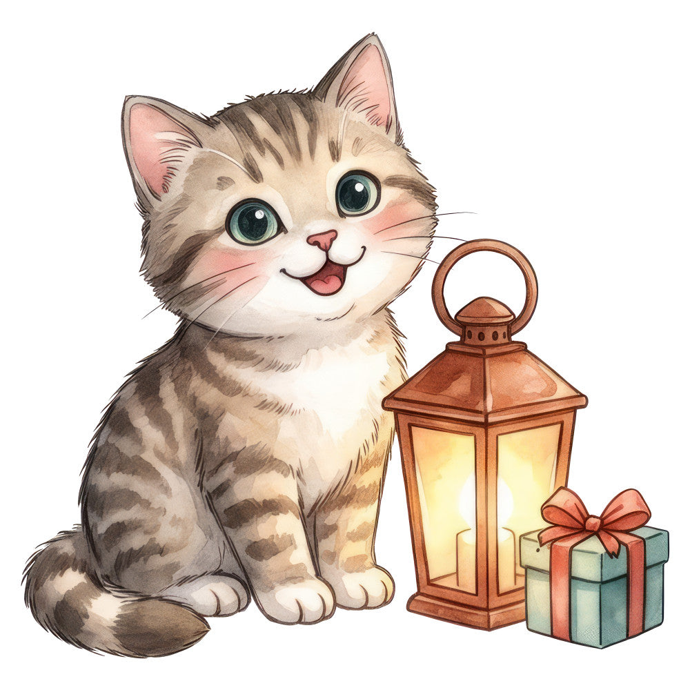 cat, tabby cat, kitten, smiling cat, happy cat, cute cat, lantern, gift box, brown, cream, white, tan, taupe, coral pink, soft colors, whimsical, playful, cheerful, animal themed, festive, holiday, christmas, cozy, warm tones, children's, kawaii, illustration style, storybook, decorative, wall hanging