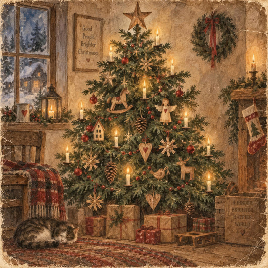 christmas, vintage, rustic, farmhouse, holiday, winter, nostalgic, cream, tan, beige, forest green, red, gold, primitive, folk art, cottagecore, snowflakes, candles, stockings, wreaths, hearts, rocking horse, gingerbread house, pine cones, animals, birds, deer, cats, traditional, cozy