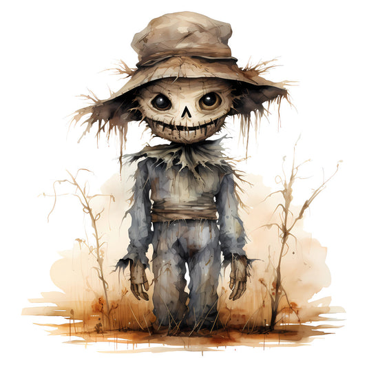 scarecrow, skeleton face, halloween, autumn, fall, tan, cream, beige, taupe, gray, charcoal, brown, rustic, whimsical, spooky, creepy, folk art, farmhouse, harvest, dried corn stalks, straw hat, stitched smile, darkly whimsical, gothic, vintage, primitive, country, seasonal, outdoor, straw man