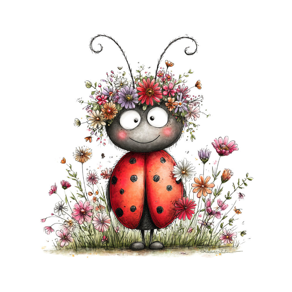 ladybug, whimsical, flowers, nature, children's, spring, summer, red, coral pink, dusty rose, purple, orange, green, insects, bugs, cute, playful, charming, garden theme, daisies, gerbera daisies, floral, pastel, cheerful, animal themed, kids fabric, novelty, decorative, illustration style