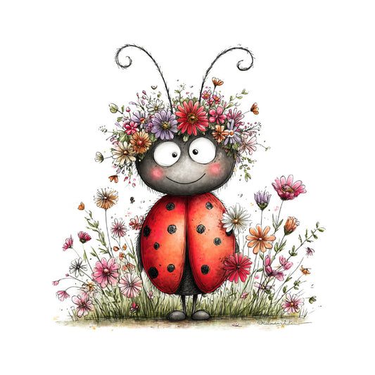 ladybug, whimsical, flowers, nature, children's, spring, summer, red, coral pink, dusty rose, purple, orange, green, insects, bugs, cute, playful, charming, garden theme, daisies, gerbera daisies, floral, pastel, cheerful, animal themed, kids fabric, novelty, decorative, illustration style