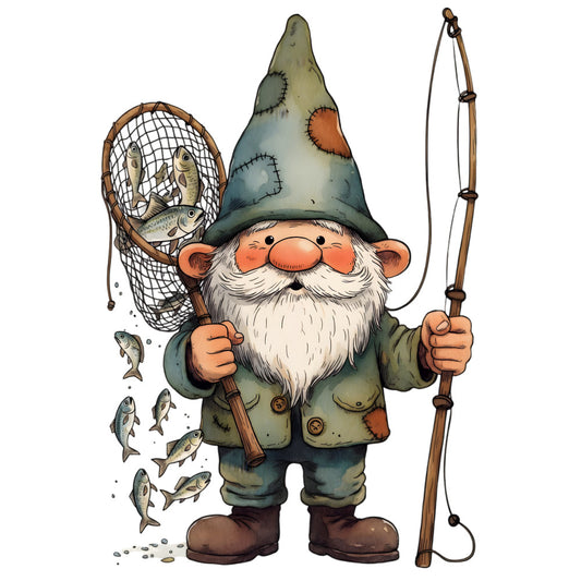 fishing gnome, whimsical, fantasy, garden gnome, fishing rod, fishing net, fish, autumn, fall, sage green, olive green, cream, white, rust orange, brown, rustic, charming, storybook, children, novelty, outdoor theme, nature, male character, bearded, countryside, folk art, decorative panel, traditional, cottage core