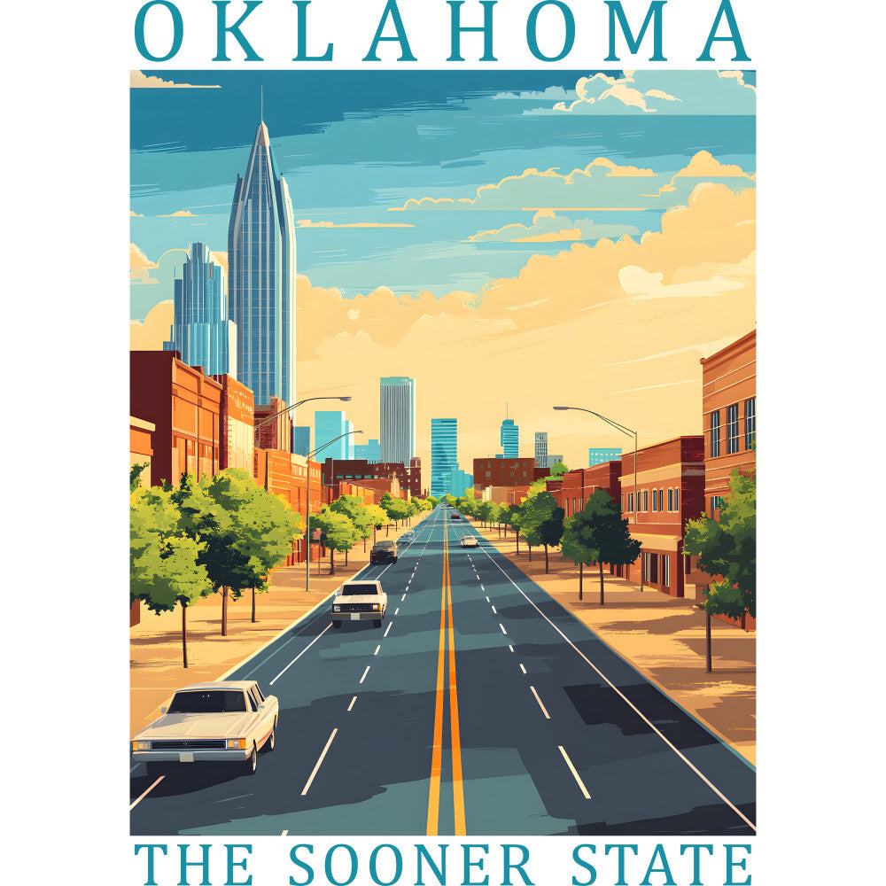 oklahoma, sooner state, vintage poster, retro illustration, city skyline, street scene, automobiles, cars, road perspective, blue sky, orange clouds, turquoise, coral, golden yellow, teal blue, fabric panel, quilting cotton, travel theme, americana, urban landscape, sunset colors, geometric buildings, tree lined street