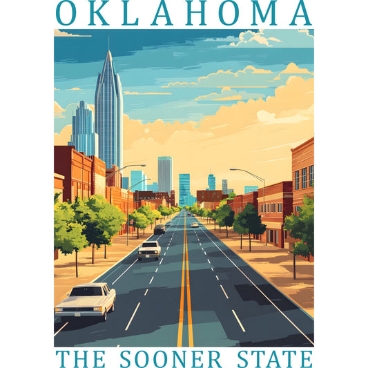 oklahoma, sooner state, vintage poster, retro illustration, city skyline, street scene, automobiles, cars, road perspective, blue sky, orange clouds, turquoise, coral, golden yellow, teal blue, fabric panel, quilting cotton, travel theme, americana, urban landscape, sunset colors, geometric buildings, tree lined street