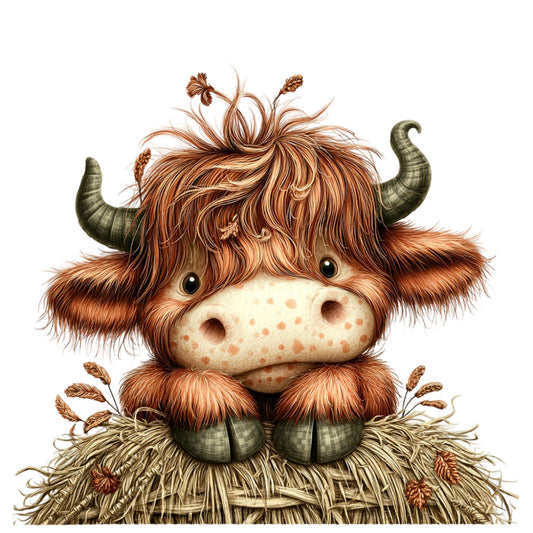 highland cattle, brown, cream, tan, rust, sage green, olive green, whimsical, farmhouse, rustic, animal, cattle, bull, horns, adorable, cute, folk art, country, nature, autumn, fall, harvest, pastoral, countryside, nursery, children's, playful, storybook, textile art