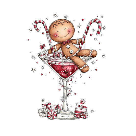 gingerbread man, cocktail glass, candy canes, red wine, brown, red, white, whimsical, christmas theme, holiday design, festive illustration, peppermint candies, stars, hearts, cheerful character, fabric panel, quilting cotton, seasonal motif, winter holidays, martini glass