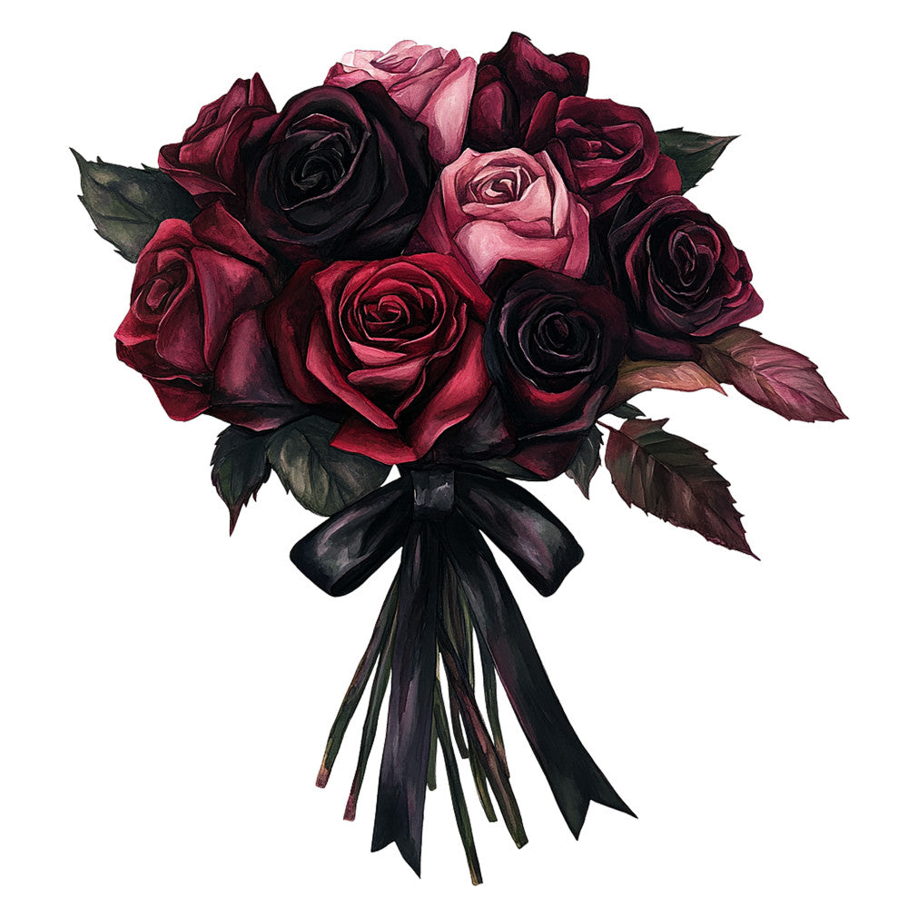 burgundy roses, black roses, pink roses, dark red, deep purple, gothic floral, romantic bouquet, moody flowers, fabric panel, quilting cotton, floral arrangement, ribbon bow, vintage roses, dramatic blooms, rich colors, gothic romance, botanical art, watercolor style, dark florals, elegant bouquet