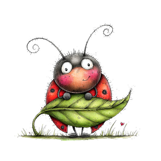 ladybug, whimsical, cute, nature, insects, red, bright green, coral pink, children's, spring, garden, leaf, big eyes, playful, charming, illustration, storybook, kids fabric, novelty, animal print, botanical, cheerful, colorful, artistic, contemporary, girl's fabric, bugs, nature lovers, sweet, decorative