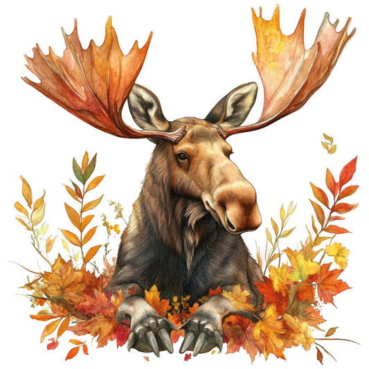 moose, antlers, autumn leaves, fall foliage, watercolor style, fabric panel, orange, brown, yellow, rust colors, wildlife, forest animal, seasonal design, quilting cotton, nature scene, botanical elements, earth tones, realistic illustration, maple leaves, warm colors