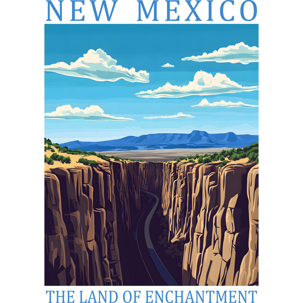new mexico, canyon landscape, desert scenery, blue sky, white clouds, red rock formations, southwestern style, vintage poster art, fabric panel, quilting cotton, travel theme, geological formations, mountain vista, turquoise blue, burnt orange, terra cotta, sage green, cream white, outdoor adventure, national park style