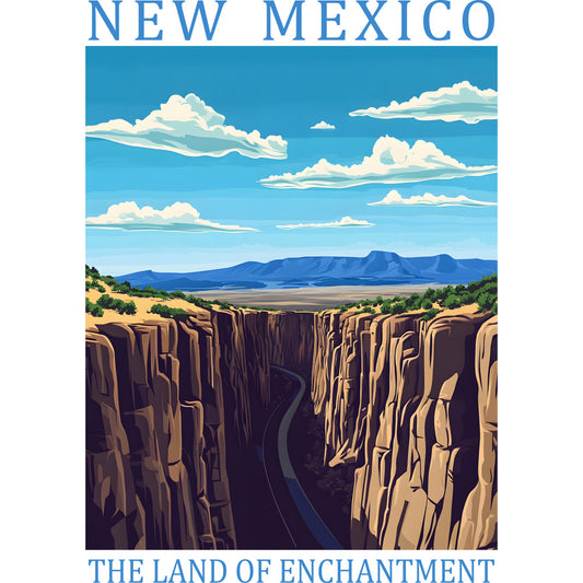 new mexico, canyon landscape, desert scenery, blue sky, white clouds, red rock formations, southwestern style, vintage poster art, fabric panel, quilting cotton, travel theme, geological formations, mountain vista, turquoise blue, burnt orange, terra cotta, sage green, cream white, outdoor adventure, national park style