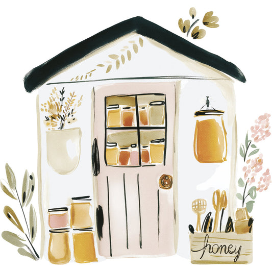 honey, bees, beekeeping, honeycomb, cream, gold, golden yellow, black, sage green, dusty rose, blush pink, botanical, floral, nature, farmhouse, rustic, cottage, whimsical, home sweet home, kitchen, herbs, wildflowers, jars, preserved goods, vintage, cottagecore, spring, summer, home decor, wall hanging