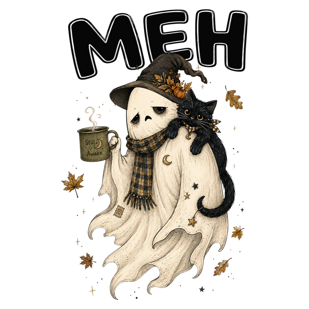meh, ghost, black cat, autumn, fall, halloween, celestial, stars, moon, witch hat, coffee, cozy, whimsical, witchy, cream, beige, tan, black, gold, bronze, leaves, maple leaves, still awake mug, plaid, scarf, nocturnal, spooky, magical, enchanted, folklore