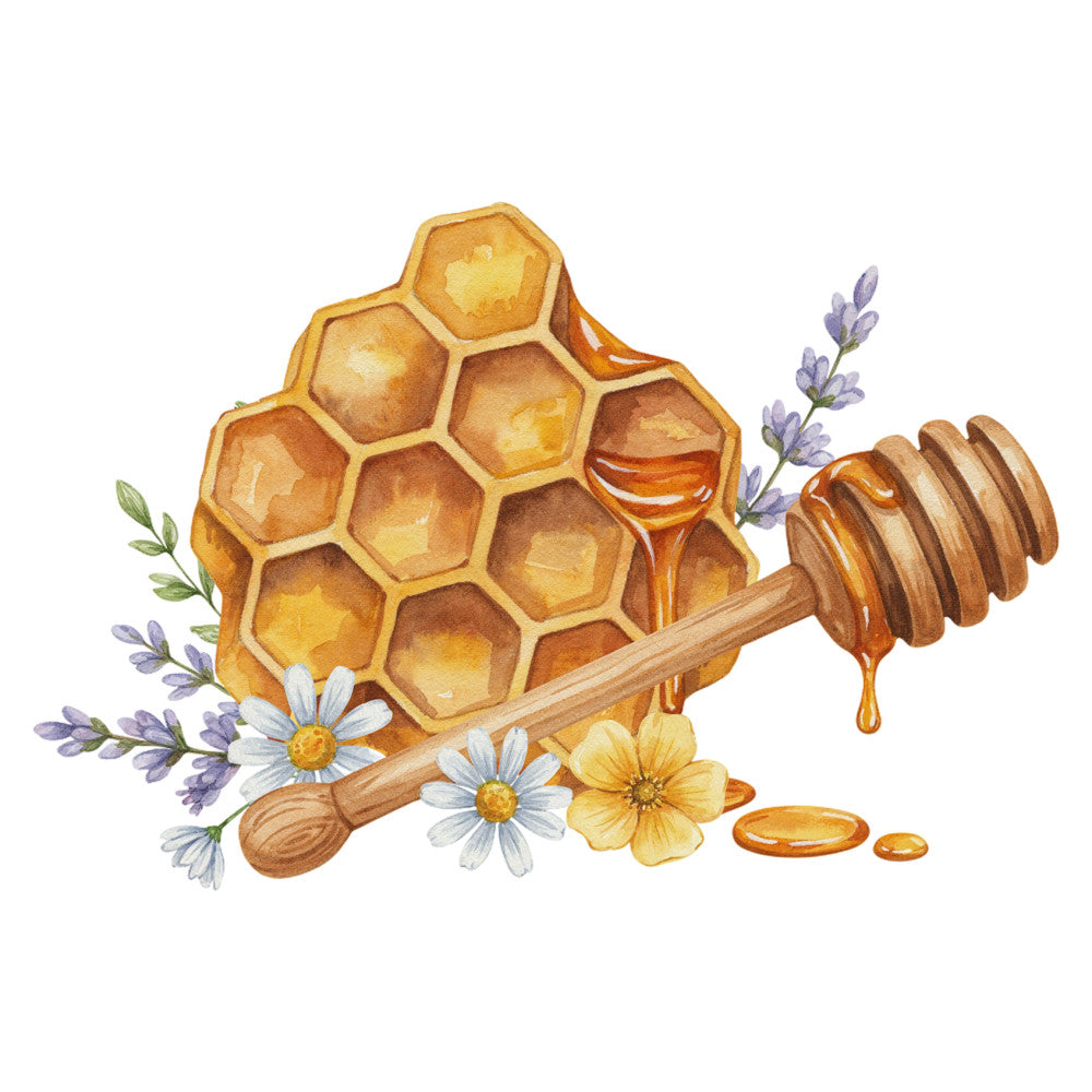 honey gold, golden yellow, cream, white, lavender purple, warm amber, honeycomb, floral, botanical, nature, bee, honey dipper, daisies, lavender sprigs, wildflowers, rustic, whimsical, cottage core, farmhouse, spring, summer, natural, organic, garden, sweet, vintage, soft, delicate, honey theme, bee keeper