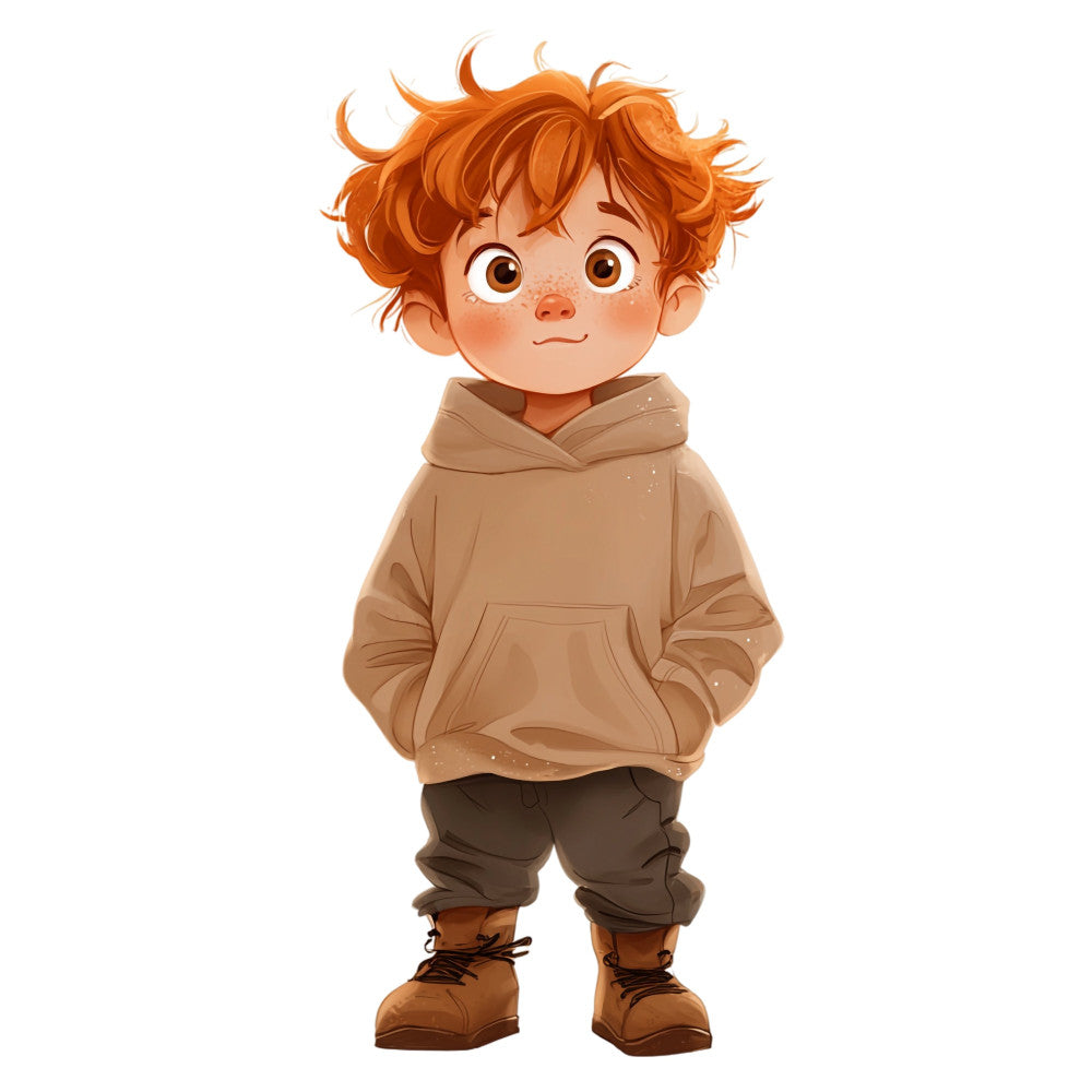 burnt orange, rust, tan, beige, brown, warm earth tones, freckles, whimsical, children, boys, cute character, illustrated, storybook, character panel, children's clothing, nursery, baby, toddler, playful, charming, friendly face, portrait, figure, folk art style, casual wear, cozy, autumn inspired, warm tones, kid friendly