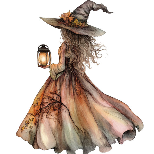watercolor, witch, autumn colors, orange, brown, gray, lantern, pointy hat, flowing dress, long hair, magical, halloween, fall leaves, fabric panel, quilting cotton, fantasy character, earth tones, whimsical, seasonal, enchanting