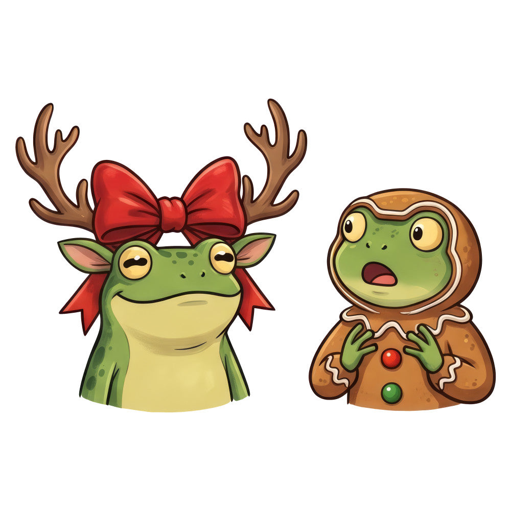 frog, gingerbread, christmas, holiday, whimsical, lime green, cream, brown, red, festive, animals, cute, playful, winter, seasonal, gingerbread man, reindeer, bow, antique gold, whimsy, novelty, children's, fun, cheerful, retro, kitsch, candy cane, decorative buttons