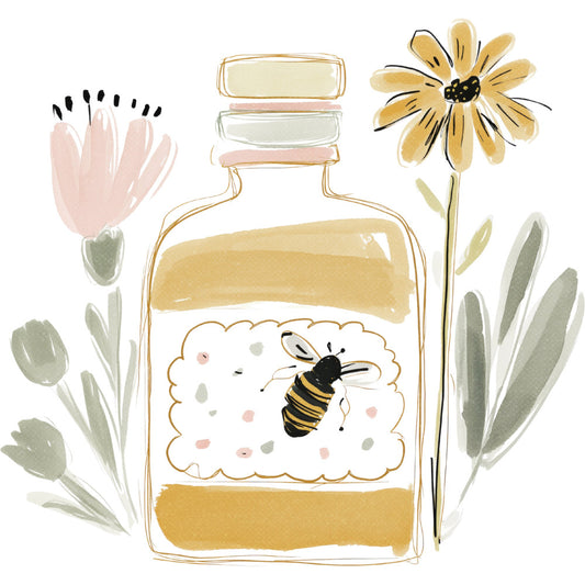 honey yellow, cream, sage green, dusty rose, blush pink, botanical, floral, nature, bee, daisy, tulip, wildflower, whimsical, cottage core, farmhouse, spring, summer, vintage illustration, hand-painted style, jar, bottle, garden, pollinator, insect, rustic, charming, botanical illustration, natural, earthy tones, decorative panel
